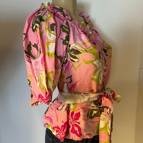 Boston Proper, Pink Linen Puff Sleeve Tie Waist Peplum Blouse Size XS - Picture 2 of 9